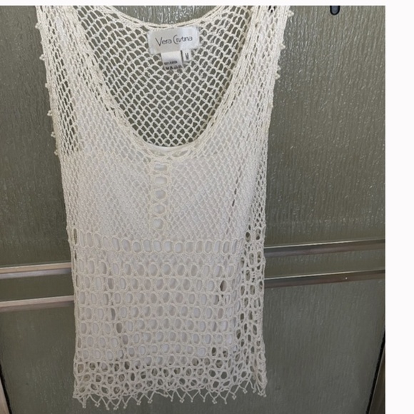 VINTAGE Vera Crutina White Sleeveless  knitted beaded Top, Size M, - Picture 6 of 8